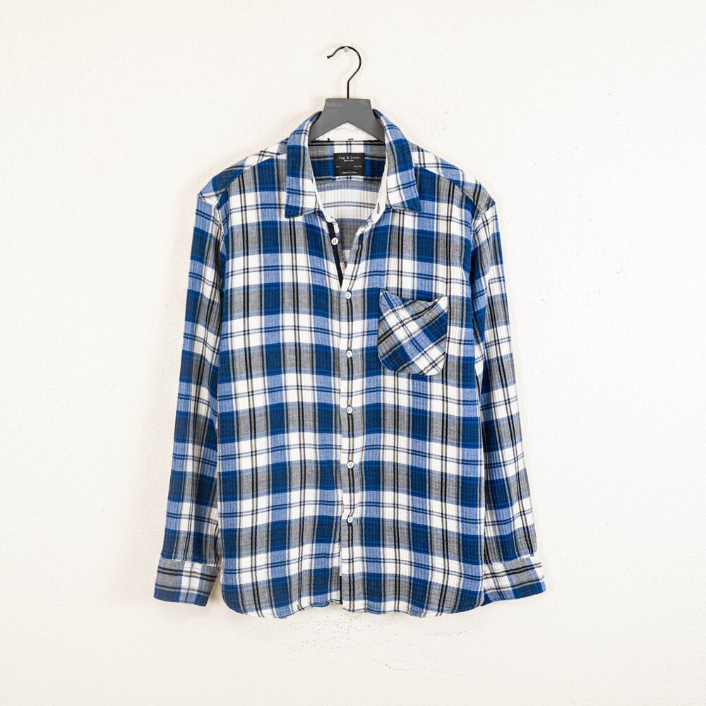 Rag & Bone NY Fit 3 Button up Shirt Blue Plaid cotton size 2XL